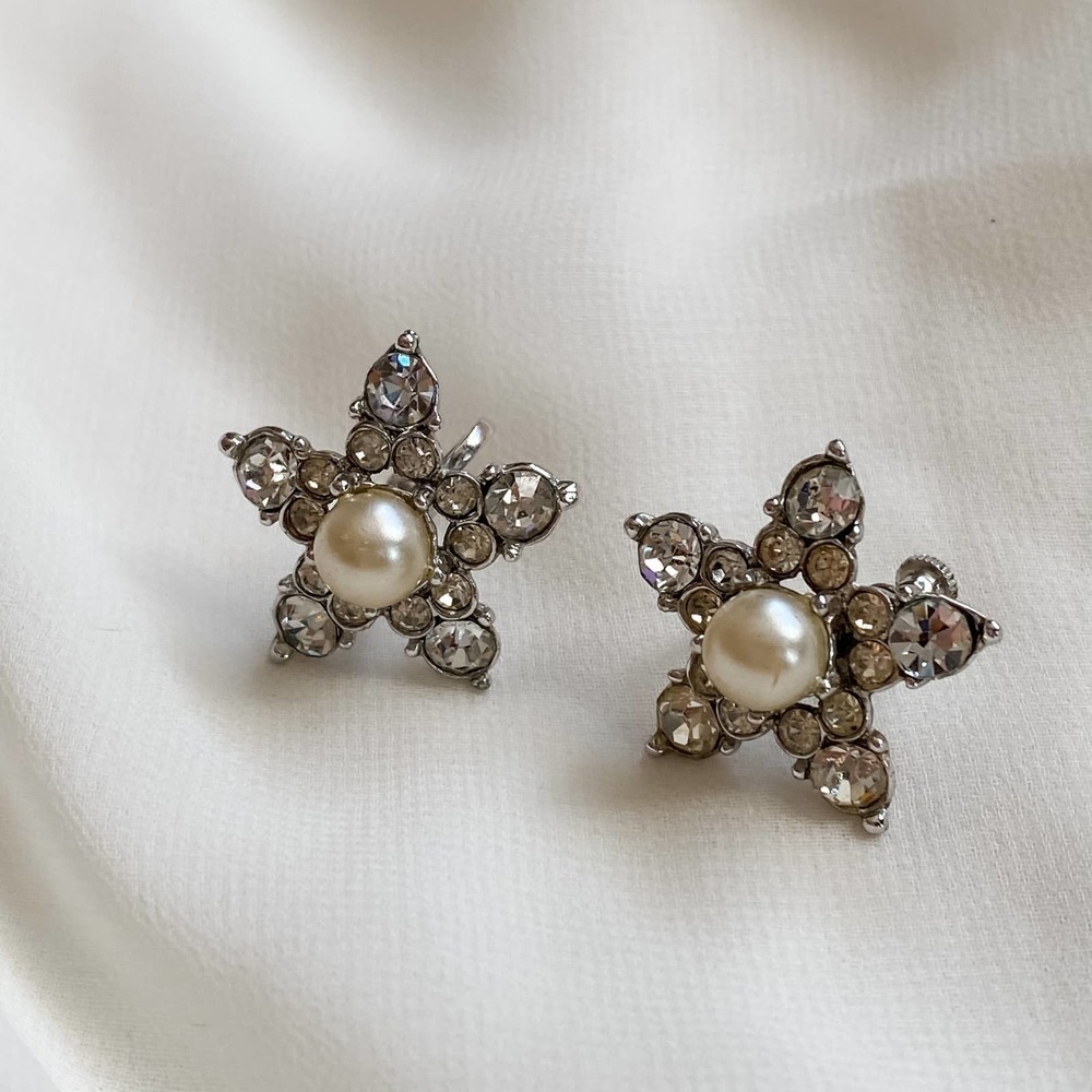 VTG Silver Pearl Flower CZ Diamond Earrings